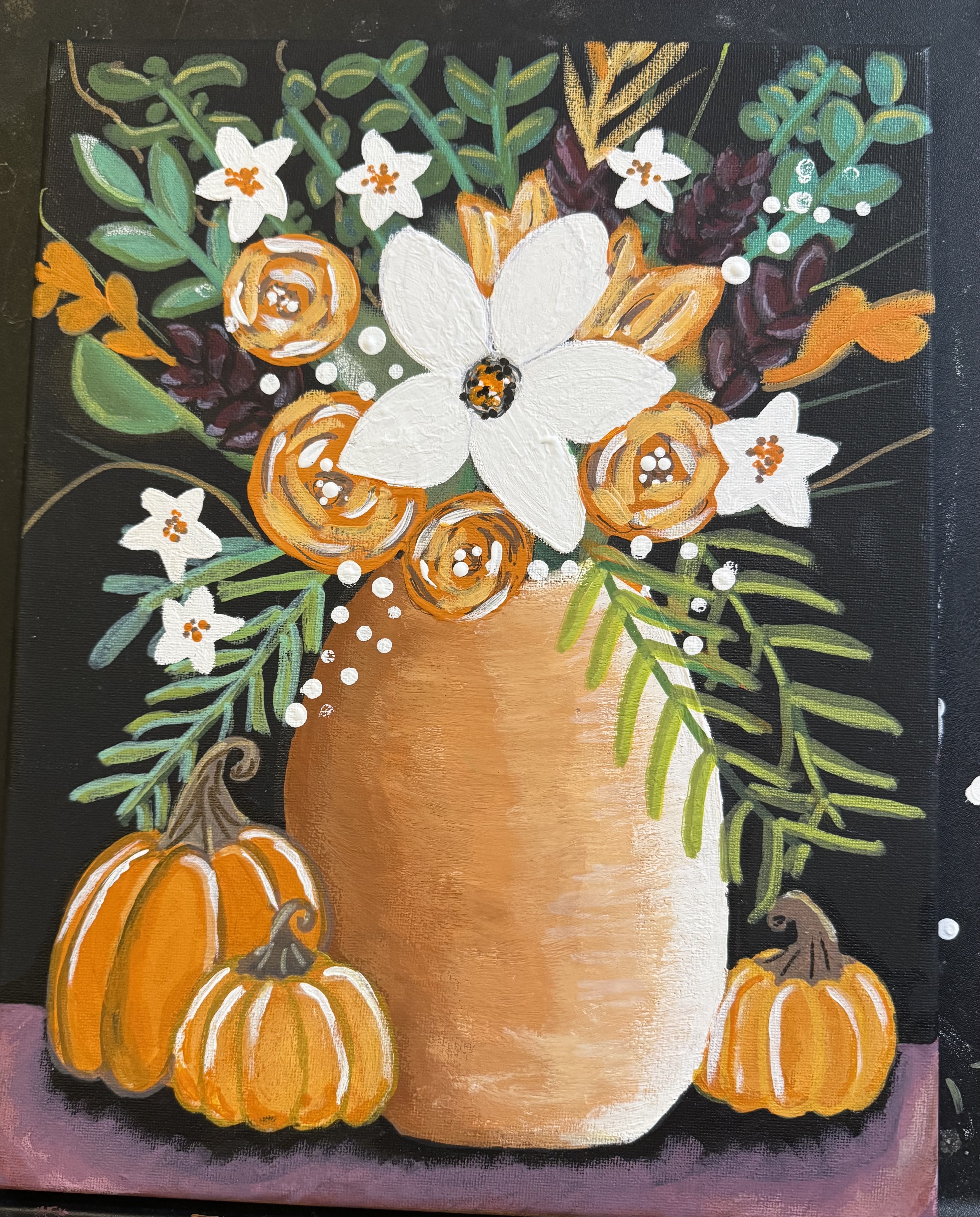 Fall Bouquet painting — a golden vase overflowing with autumn flowers and pumpkins