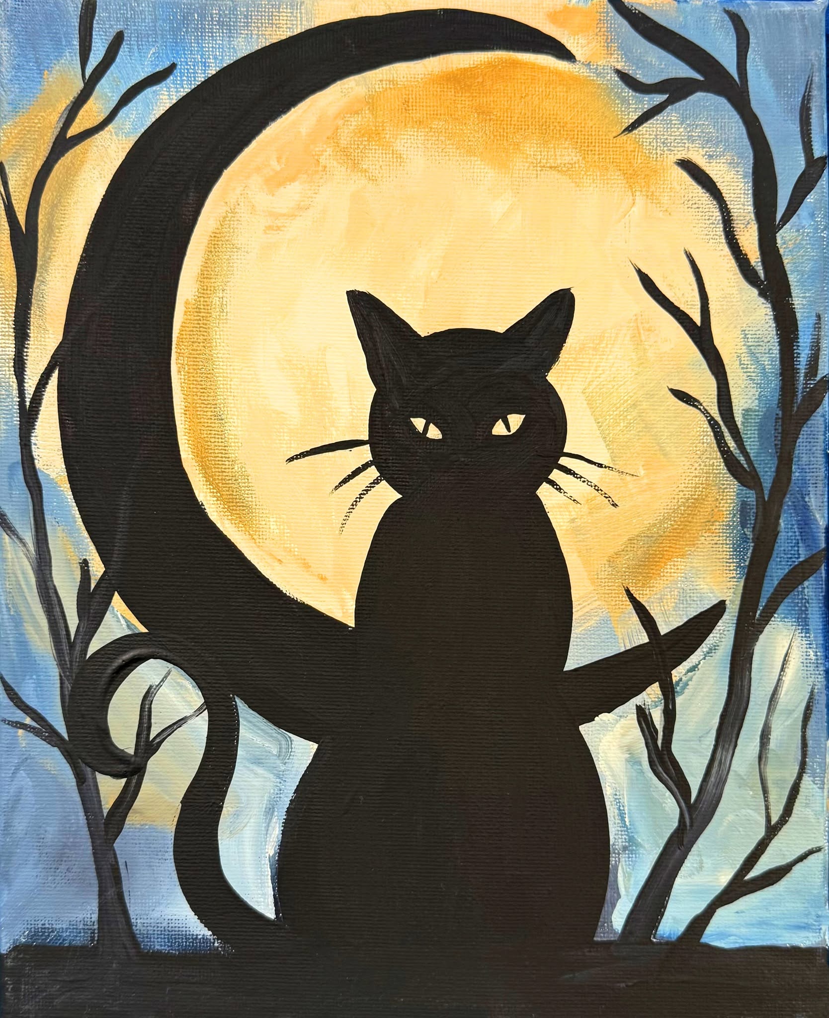 Moonlit Cat painting — a black cat under a golden moon