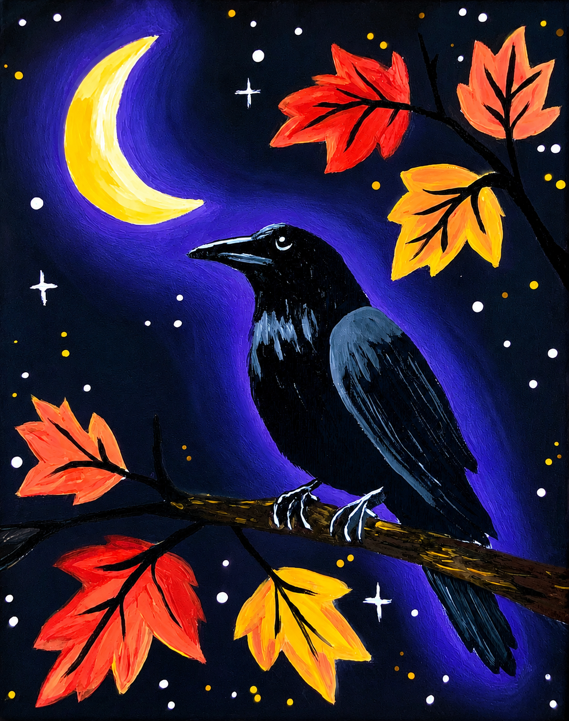 Moonlit Raven painting — a raven on a branch with autumn leaves