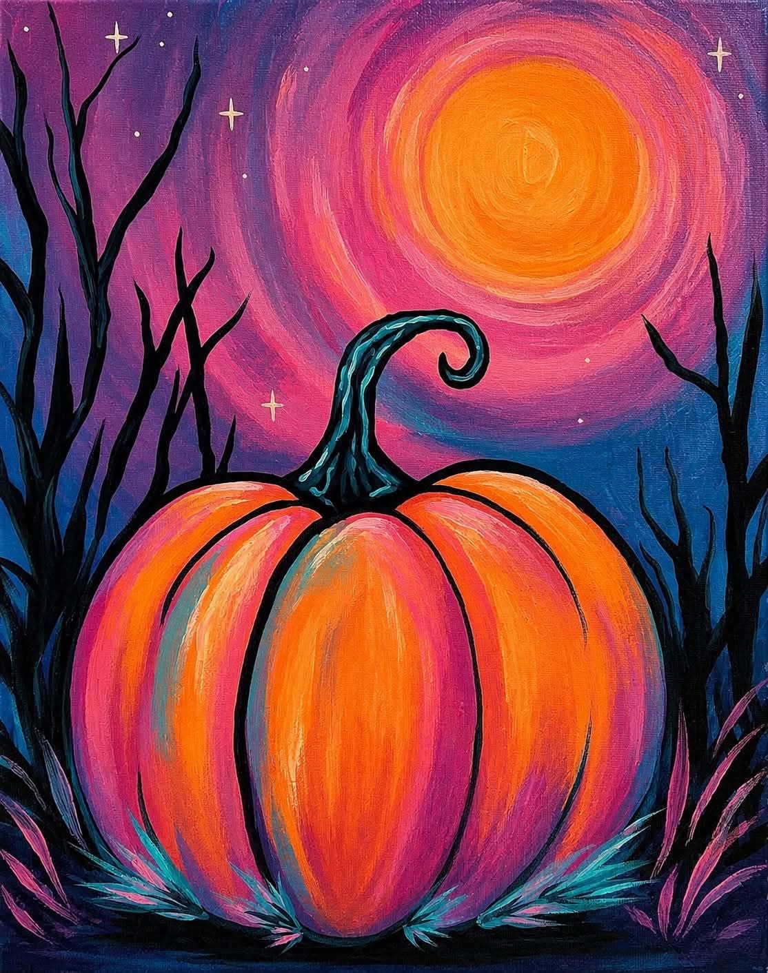 Neon Pumpkin painting — a vibrant pumpkin glowing under a swirling pink and orange sky