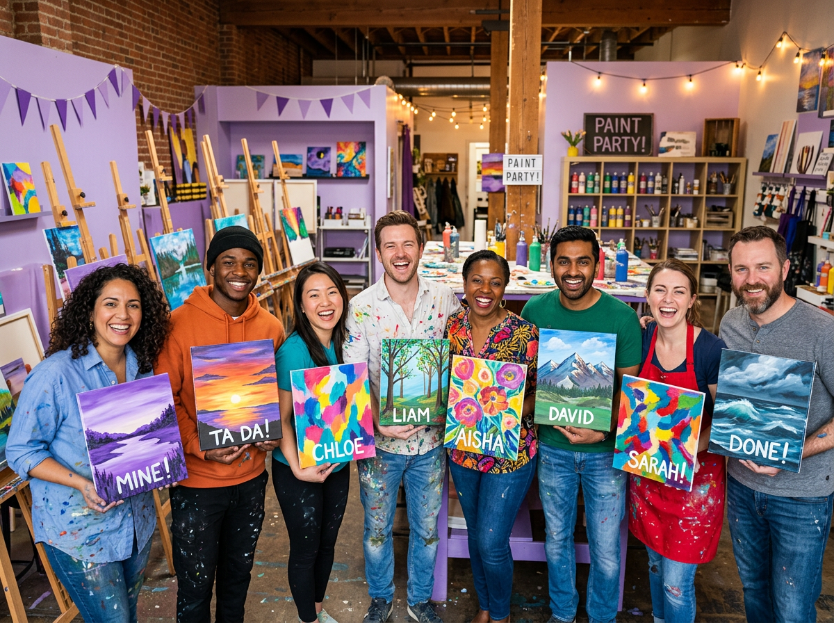 Happy guests proudly showing off their finished paintings