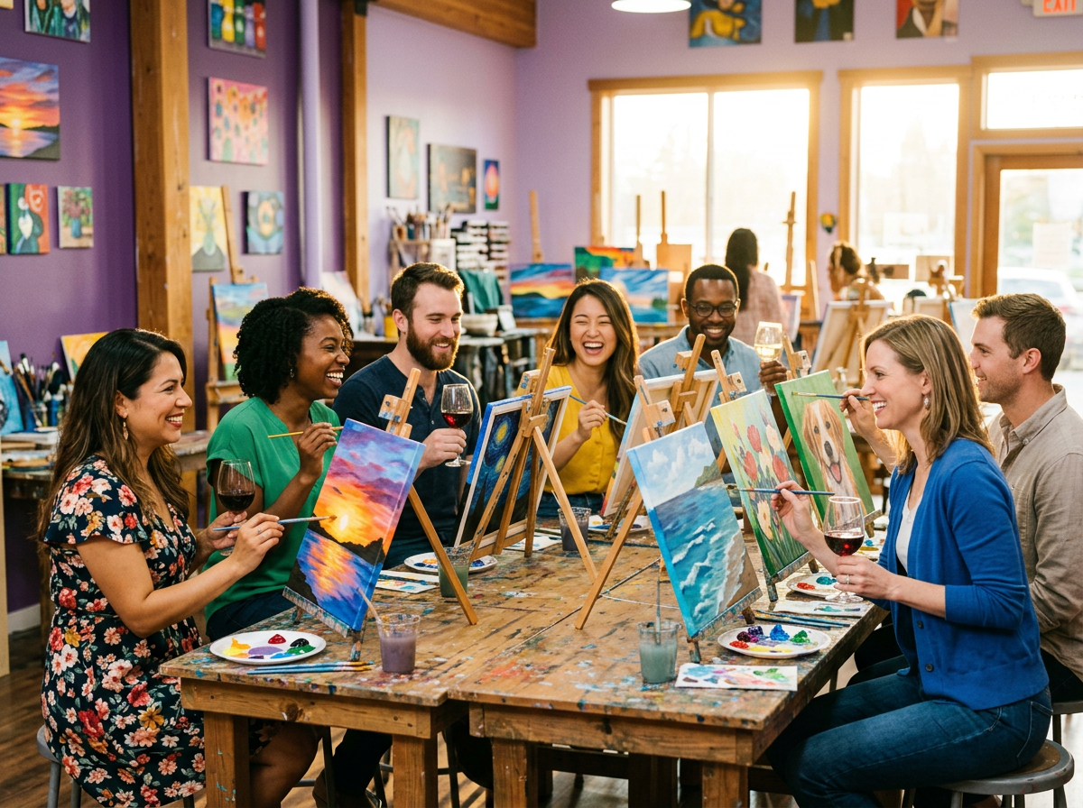 Friends laughing and painting together at a Tipsy Owl paint & sip party