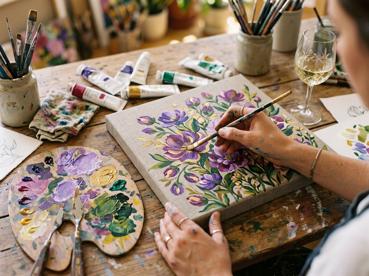 Close-up of hands painting a colorful canvas with a glass of wine nearby